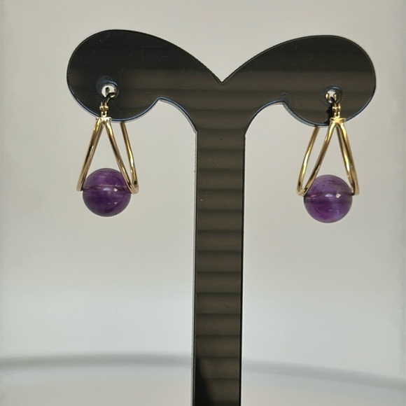 14k real solid gold AMETHYST  Hoops earrings - Picture 2 of 8